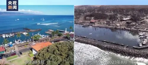 航拍对比夏威夷毛伊岛火灾前后:港湾一片灰黑